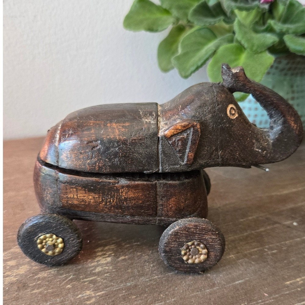 Vintage Hand Carved Wooden Elephant Trinket Box on Wheels Swivel Lid Folk Art
